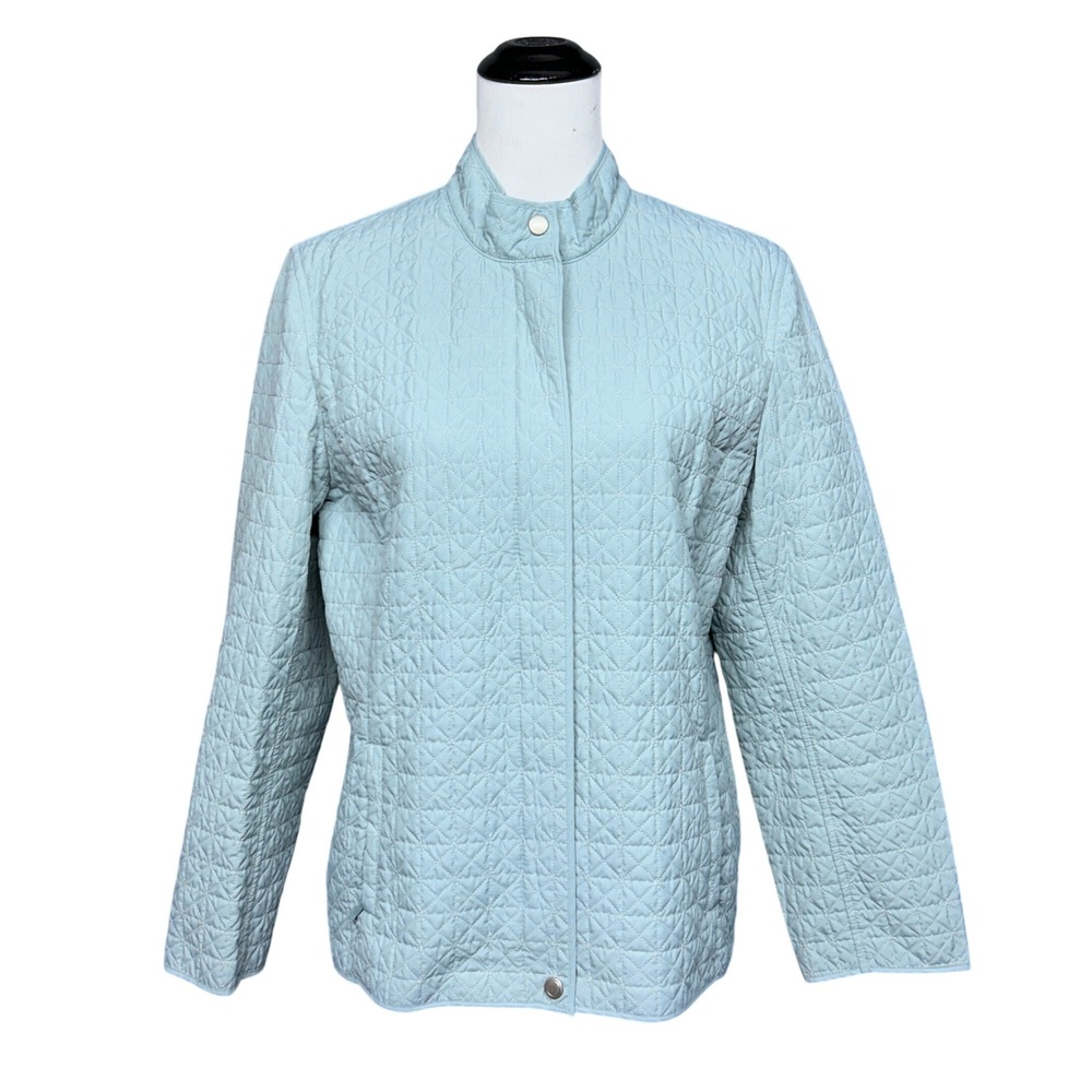Talbots Quilted Jacket Women 14P Blue Mock Neck Snap Front Lightweight Coastal